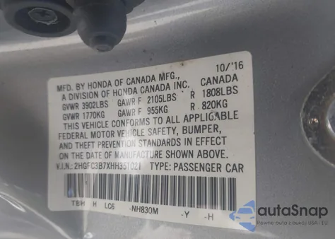 2017 Honda Civic Ex-L из США, поврежденный, VIN 2HGFC3B7XHH351021